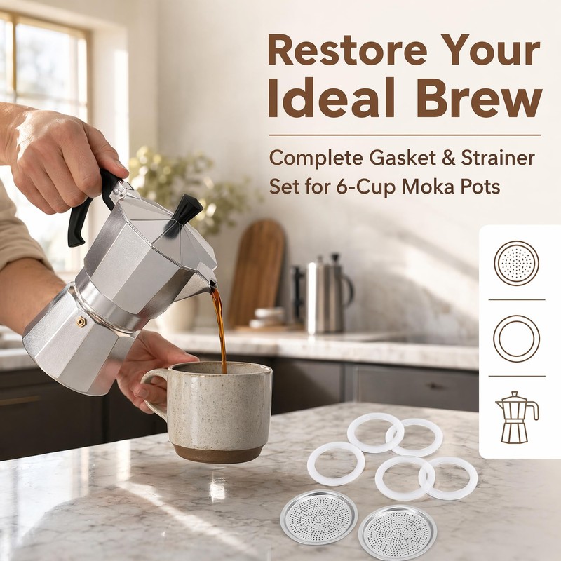 Zickupy 8Pcs Moka Pot Gaskets & Filters for 6-Cup Coffee