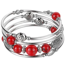 Beaded Pearl Bangle Wrap Bracelet - Fashion Bohemian Jewelry Multilayer Charm Bracelet with Thick Silver Metal Beads, Gift For Women(13-Red)