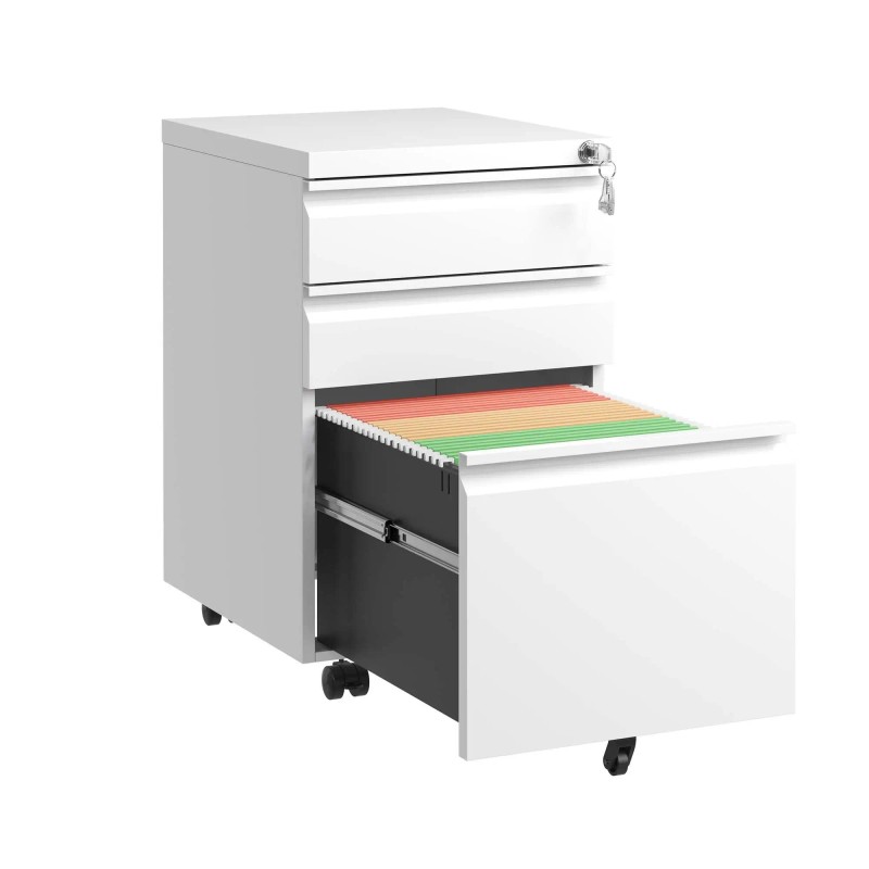 3 Drawer Fully Assembled White Metal Mobile File Cabinet Lock
