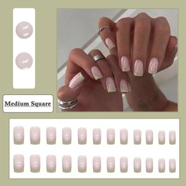 BAOYAALIN Medium Press on Nails Square French Light Green Fake Nails with Fashion Simple Design Full Cover Press ons Artificial Acrylic False Stick on Nail for Women Girls Daily Wear Wedding 24Pcs