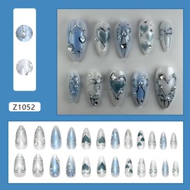 Medium Press on Nails Almond Fake Nails with Rhinestones Design Heart Bow Glue on Nails Full Cover Gem Star False Nails Reusable Artificial Acrylic Nails for Women DIY Manicure Decorations 24Pcs