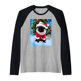 Santa's Little Helper Christmas Pug in Santa Suit Raglan Baseball Tee