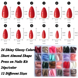 LoveOurHome 576pc Medium Press on Nails Almond Fake Nails Full Cover Acrylic Nails Press ons Nail Short Stiletto Glue on Nail Artificial Fingernail Almond Nail Tips 24 Colors for Women Girls Kids