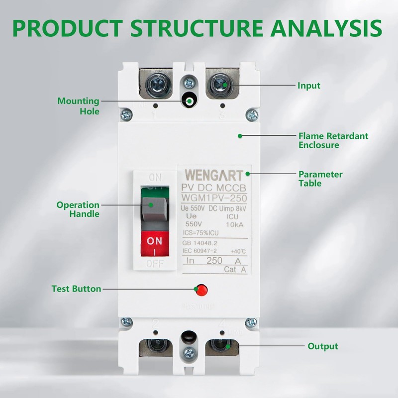 Wengart MCCB Circuit Breaker WGM1PV-250,DC500V 250Amp,2P DC Circuit Breaker for