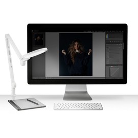 LUME CUBE Edge 2.0 LED Desk Lamp | Dimmable Home Office Desk Light with USB Charging Port & Strong Swing Arm | Adjustable Color Temperature and Brightness | Circle Webcam Light - White