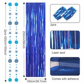 3.2x8.3ft Glitter Blue Tinsel Curtain Hanging Decorations Set, Door Tinsel Foil Fringe Curtain Backdrop Streamers Party Curtain for School Graduation Birthday Hen Photo Banner Xmas Party Decorations
