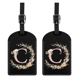BHAHB 2 Pack Luggage Tag Luggage Tags PU Leather Suitcase Tags Aesthetic Cute Travel Bag Labels for Women Girls (Black Letter-C)