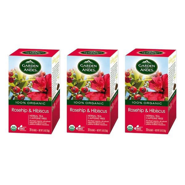 Garden of the Andes Herbal Organic Decaf Rosehip and Hibiscus Hot Tea Bags, 0.9 oz, 20 Count, (Pack of 3)