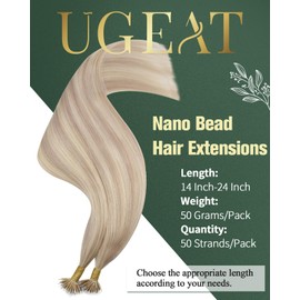 Ugeat Ash Blonde Nano Bead Hair Extensiosns Human Hair for Short 14 Inch Nano Ring Hair Extensions Real Human Hair Blonde Highlights Invisible Natural Looking for Thicker 50S 50G