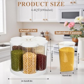 UHAPEER 6 Grids 360° Rotating Cereal Dispenser Countertop - 7 lbs Rice Dispenser for Pantry Kitchen - Small Food Storage Containers Set with Lids - Grain Cereal Storage Container for Oats, Flour, Bean