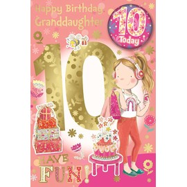 Granddaughter 10th Birthday Card & Badge - 10 Today Girl in Headphones 9" x 6"