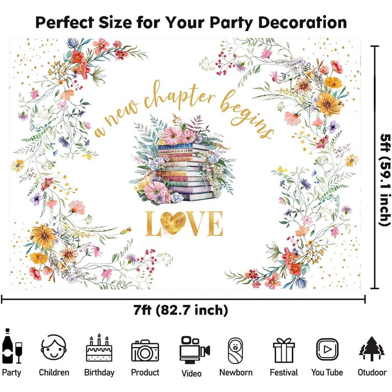 Wildflower Bridal Shower Backdrop, A New Chapter Begins Banner 7x5ft
