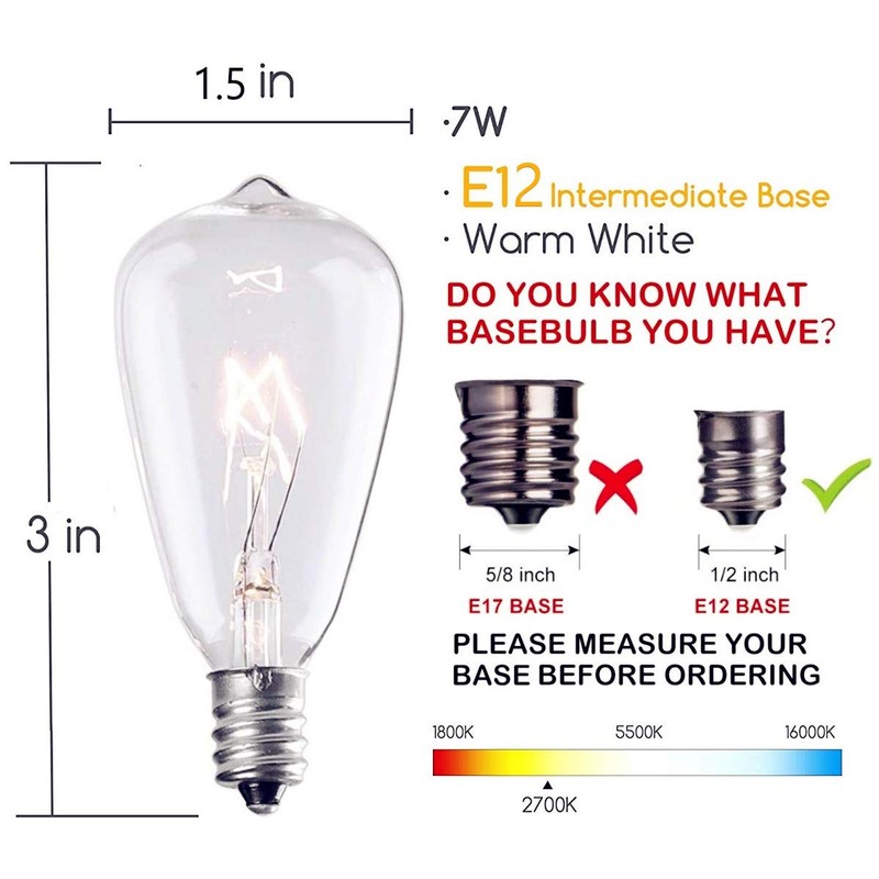 SUNSGNE 10-Pack Edison Replacement Light Bulbs, 7-Watt E12/C7 Candelabra Base
