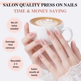Sifvoo Press on Nails, Short Press on Nails Almond Reusable Glossy Pink White Nails Soft Gel False Nails Press ons for Women, 15 Sizes 32 Count Nails Kit with Glue (SV-05)