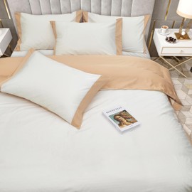 Bedlovesoft 100% Cotton Double Bed Linen 5 Pcs King Size | 4 Pillowcases Satin Duvet Cover Linen - Embroidery | Ultra Soft Breathable and Shrink Free - White, Beige Bedding