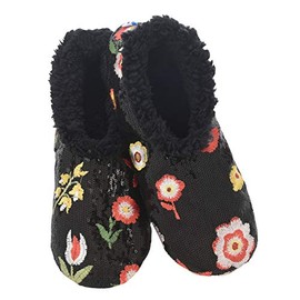 Snoozies Womens Sequin Floral (Black, Large)