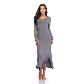 COLORFULLEAF Nightgowns for Women Long Sleeve Soft Nightshirts V Neck Full Length Sleepwear Casual Loungewear(Grey, S)