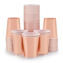 Rose Gold Paper Cups 9 oz [50 pack] Disposable Cups for Hot Cold Drinks Tea Coffee Water Milk Juice - Fashion Glitter Rose Gold Design for Picnic Home Party Birthday Wedding Anniversary Christmas