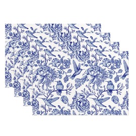 Snycler Table Runner Blue and White Monochrome Sketch Birds Flower Table Cover Retro Floral Kitchen Dining Table Decoration for Indoor Outdoor Home Party Restaurant Supplies (12x18 Inch,Set of 4)