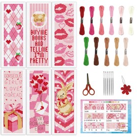 INFUNLY 6PCS rosa Kreuzstich Lesezeichen Kit Erdbeere DIY Kreuzstich Set Pre-Printed Kaninchen gestempelt Stickerei Lesezeichen Kit mit Anleitung für Anfänger Erwachsene Buchliebhaber Mädchen Geschenk