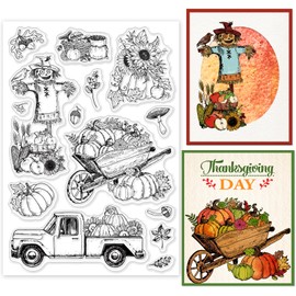 ORIGACH Autumn Harvest Clear Stamps, Autumn Pumpkin Scarecrow Pickup Sunflower Leaves Transparent Silicone Stamps for Card Making Thanksgiving Scrapbooking Journal Crafting 6.3x4.3inches