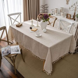 HOOYE Bohemian Style Rectangle Tablecloth Polyester Linen Mix Lace Table Cloth for Dinner Parties Table Cover (55X71 inch, INS Style)