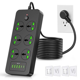 Flat Plug Extension Cord, Power Strip with 6 Universal Outlets 4 USB 2 USB C Ports, 3.1A Fast Charge，Overload Protection, 3000w, 110-240v, Outlet Extender for Home Office Overseas Travel Essentials