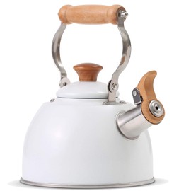 ROCKURWOK Whistling Tea Kettle, 1.6 QT / 50 OZ, White Teapot, Universal Base for Induction | Gas | Electric | Halogen | Radiant, Wooden Handle, Vintage