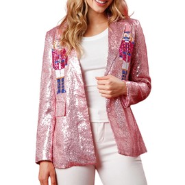 Nutcracker Blazer Pink Sequin Nutcracker Jacket Christmas Blazer Shiny Suit Jacket Open Front Glitter Holiday Blazers (US, Alpha, Medium, Regular, Regular, Pink)