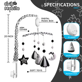 FEISIKE Baby Crib Mobile, Crib Toys Hanging with 35 Lullabies, 3 Modes Digital Musical Box（Turn Only, Music Only, Turn & Music Newborn Baby Toys Black/White for Boys and Grils