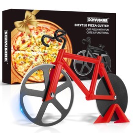 Thapncow Bicycle Pizza Cutter, Stainless Steel Pizza Cutter, Funny Kitchen Gadgets, Double Pizza Cutter with Sharp Cutting Wheel & Stand for Christmas Party Gifts, Red