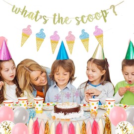JENSENLIN What's the Scoop Banner,Gold Glitter Ice Cream Theme Baby Shower/Gender Reveal Party Decoration Garland,Pregnant Baby Announcement Party Bunting Banner. (2 pieces)