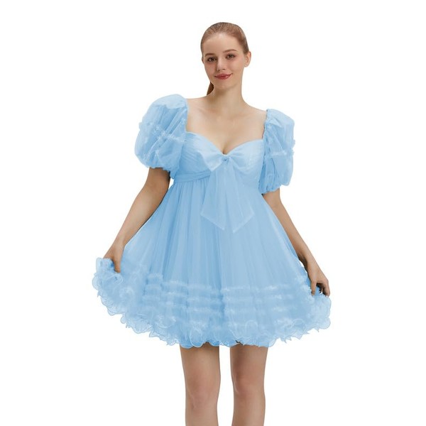 Sweetheart - Vestido de tul para fiesta de fiesta con mangas hinchadas, vestido corto de fiesta, Azul-cielo, 4