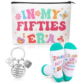 ViEinkaufen 50th Birthday Gifts for Women, Makeup Bag Socks for Women 50th Keyring and Greeting Card, Birthday Presents for Her,Thank You Gifts for Mum Wife Auntie Sisters Teacher Friends