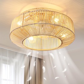 20" Boho Rattan Ceiling Fan with Lights, Flush Mount Caged Ceiling Fan with Remote, 6 Speed, Timing, Reversible Blades Enclosed Farmhouse Fan Lights for Bedroom, Kitchen