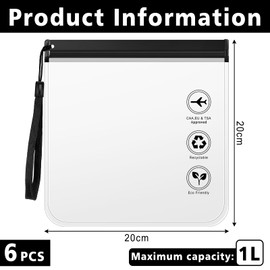 Tatxmalv Pack of 6 Transparent Toiletry Bag, 20 x 20 cm Liquid Bag Bag, 1 Litre Aeroplane Travel Accessories Toiletry Bag, Waterproof Toiletry Bag, Cosmetic Bag, Hand Luggage with Handle, black, Clear