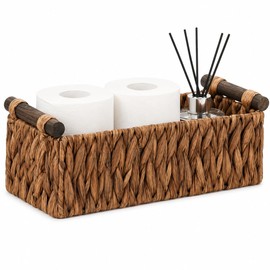 Rattanzenith Water Hyacinth Toilet Tank Basket with Wood Handles, Brown