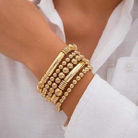 5pcs Layered Beaded Bracelets Set for Women Dainty Stretch Elastic Round Ball Beads Chain Tube Bangle Bracelets Boho Stackable Bracelets Trendy Jewelry (Golden, One Size)