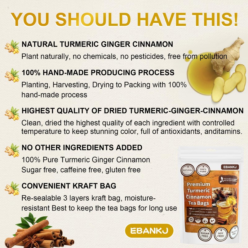 Turmeric cinnamon tea bag, handmade, caffeine free, relieves stress and