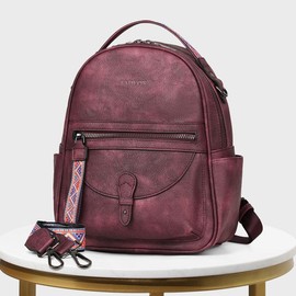 FADEON Mini Backpack Purse for Women, Designer Leather Cute Roomly Small Backpacks, Ladies Shoulder Backpack Fashion Handbag Mini  Women's Backpack - Color: Wine Red Retro Style