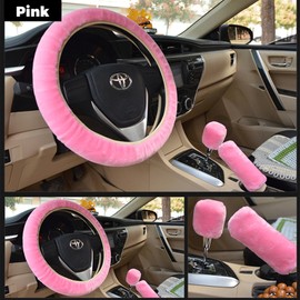 ZEPIQOR Pack of 3 Winter Steering Wheel Covers Made of Warm Plush, Universal Use, Fluffy Wheel Cover, Handbrake Cover, Gear Lever Cover, Car Decoration, Pink