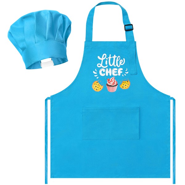 R HORSE 2 Pcs Kid Apron And Chef Hat Set, Adjustable Children Blue Kitchen Apron Cooking Baking Painting And Training Kits Dress up Role Play Chef Toy Kid Funny Cooking Gift New Year Christmas Gift