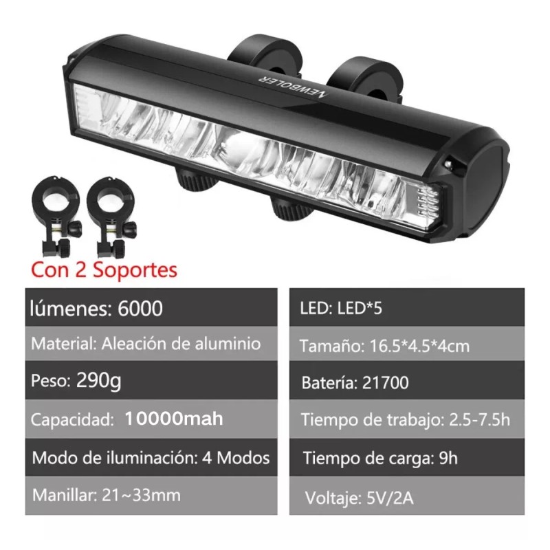 Kmow Luz Bicicleta Led Recargable 6000 Lúmenes 10000mah Ipx6