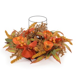 WELL KNOWN Artificial Flower Candle Rings Wreath, 12" Small Orange Orchid and Poppy Fall Wreath for Candles & Candleholders, Autumn Centerpieces for Home Table Decor
