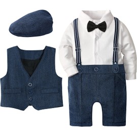 A&J DESIGN Traje Bebe Ropa Formal de Boda Mamelucos para Bebe Niño con Boina, Chaleco, Pajarita y Tirante, Marino, 3-6 Meses