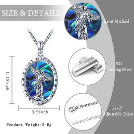 Friggem 925 Sterling Silver St Michael Pendant Necklace for Men Women The Archangel Saint Michael Medals Protect Us Jewelry Gifts with Abalone Shell