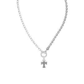 Delight Jewelry Silvertone Scroll Cross with Antiqued Decoration Stronger Braver Smarter Mixed Cable and Imitation Pearl Chain Choker Necklace, 14.75-17"