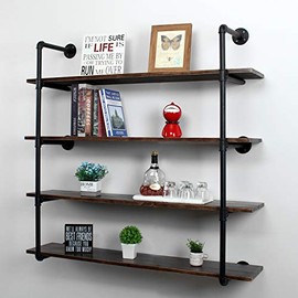 MBQQ Industrial Retro Pipe Shelf 44in 4 Tier Wall Mounted,Rustic Floating Shelves,Farmhouse Kitchen Bar Shelving,Home Decor Book Shelves,DIY Bookshelf Hanging Wall Shelves,Black