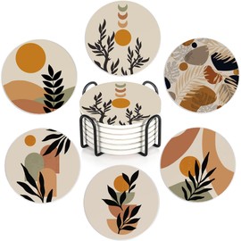 Drink Coasters Set of 6 with Holder, Abstract Boho Sun Leaves Absorbent Ceramic Coasters with Cork Base,Fit All Cups,Great Gift for Housewarming,Room Decor,Bar,Holiday Party