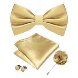 RBOCOTT Champagne Gold Bow Tie for Men Silk Bowtie and Pocket Square with Lapel Pin Cufflinks Set (4)